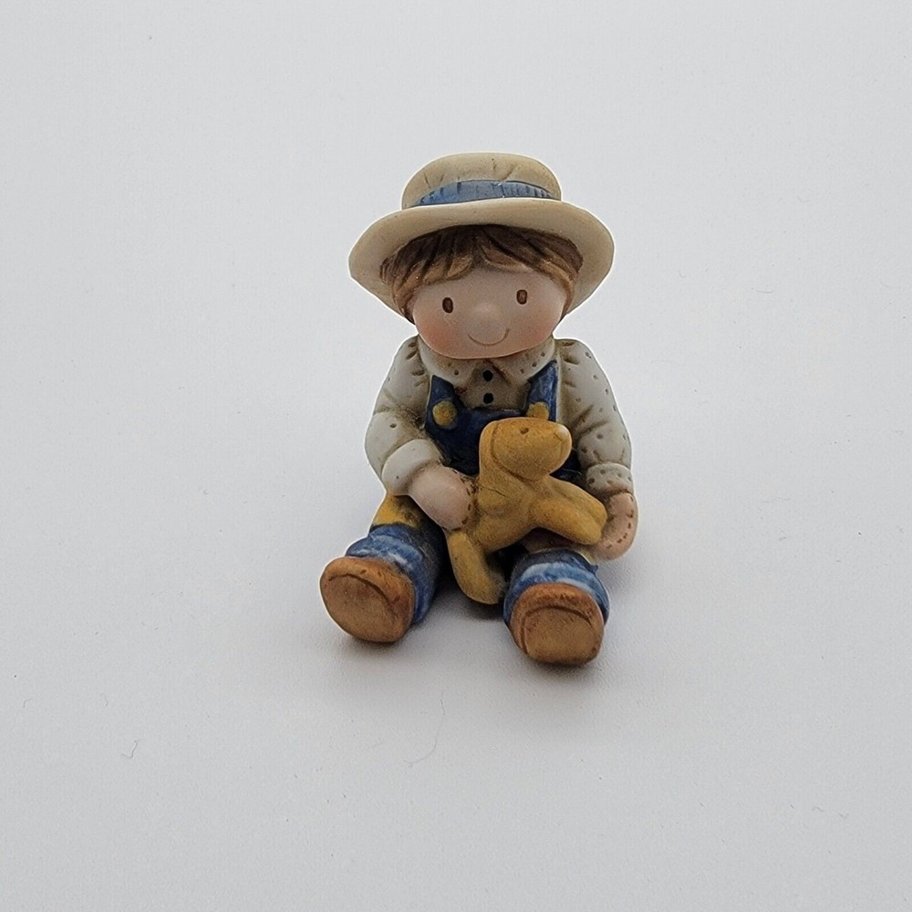 Holly Hobbie Porcelain Boy Child with Dog Figure Figurine Hand Painted 2"x1.5"